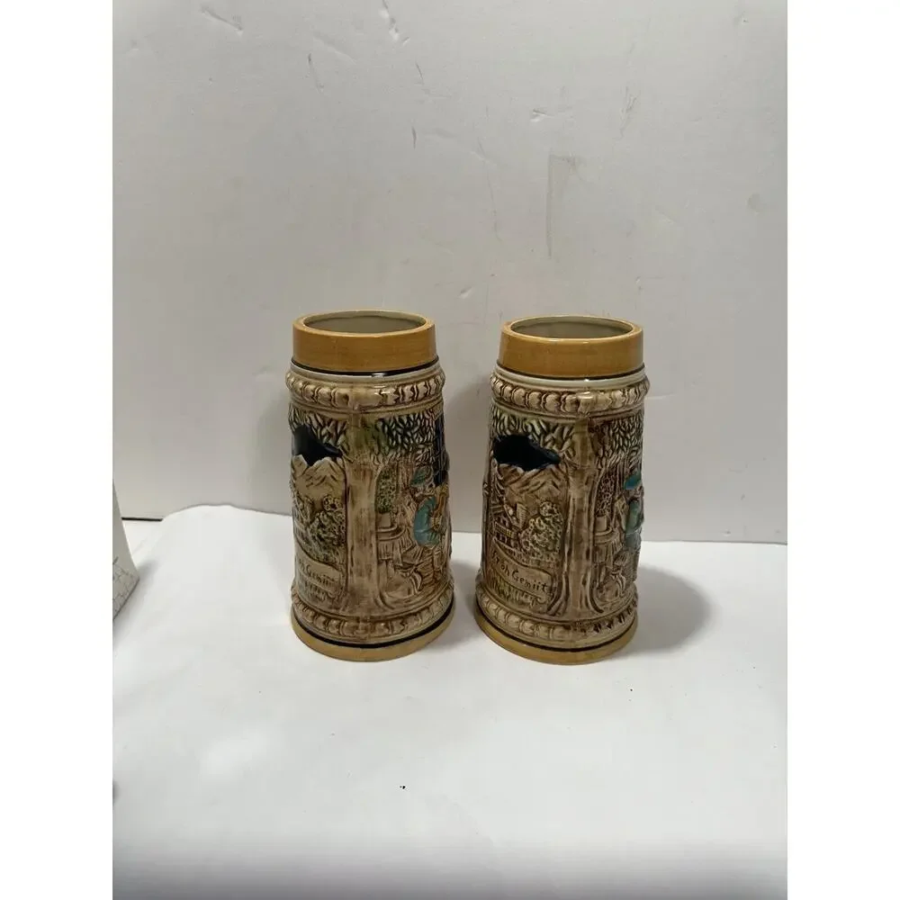 Set‎ 2 Vintage Japanese Ceramic Beer Stein, Man Plays Mandolin 3D Mug Art German